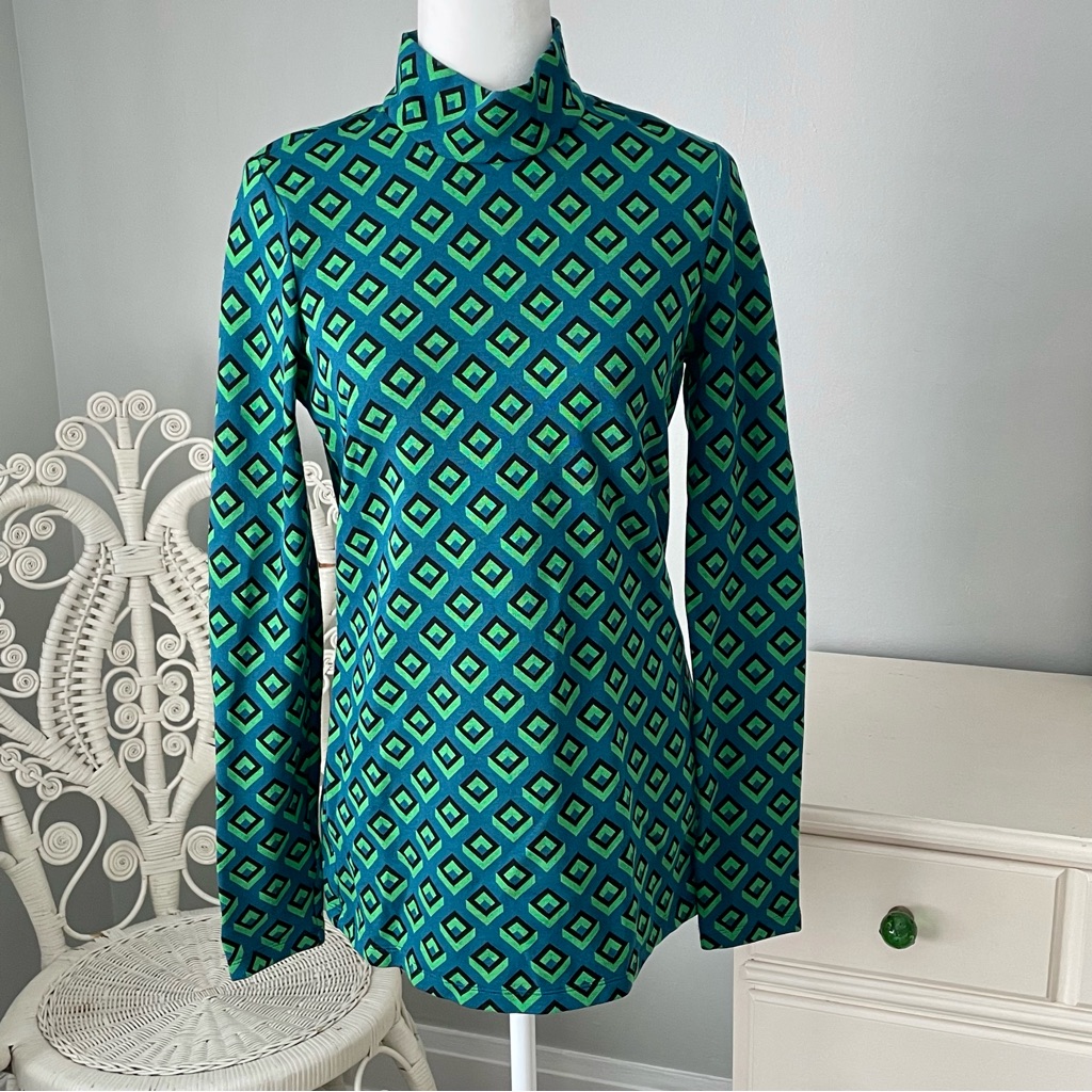 Diane Von Furstenberg Green Geometric Jacquard Knit Top, Size Medium